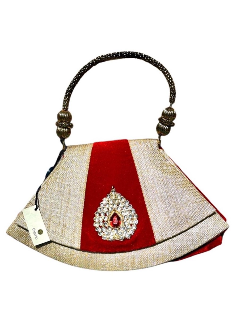 CHEMB Elegant Red & Gold Jeweled Indian bridal Evening Clutch metal handle 11”